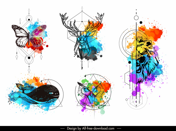 الحيوانات قوالب الوشم الملونة الجرونج رسم مرسومة باليد المضلعة
