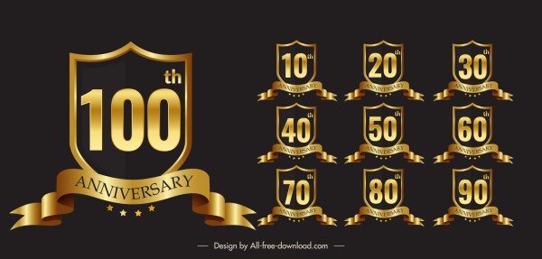 юбилейный логотип шаблоны роскошный золотой 3d ленточный щит