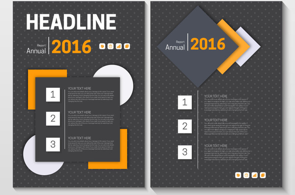Desain brosur laporan tahunan gelap di latar belakang geometris