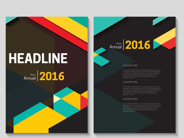 Desain brosur laporan tahunan dengan latar belakang gelap modern