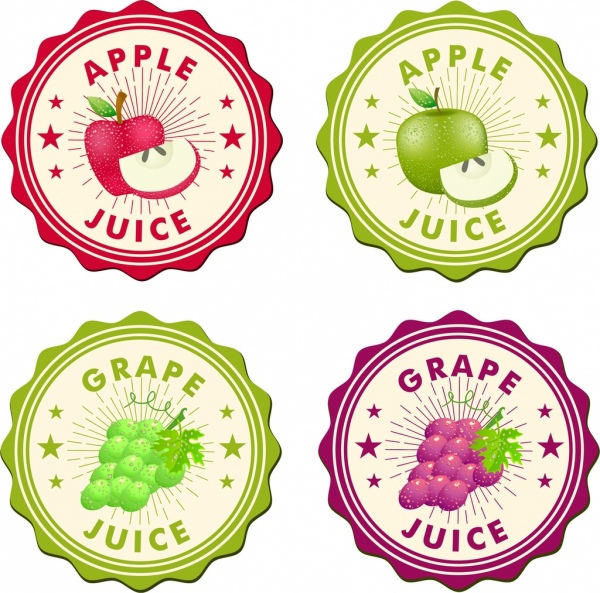 colección de etiquetas estilo círculo de color de jugo de uva manzana