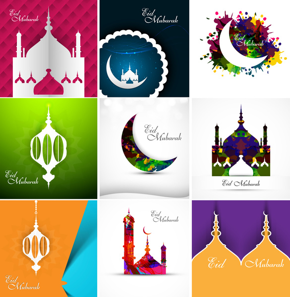Arapça islam hat cami renkli ramazan kareem koleksiyon kart ile sunum vektör ayarla