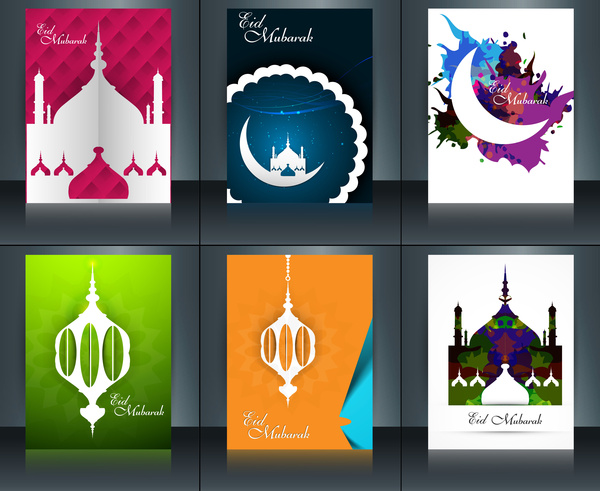 カラフルなテンプレート パンフレット ラマダン カリーム コレクション カード セット反射ベクトルとアラビアのイスラム書道モスク