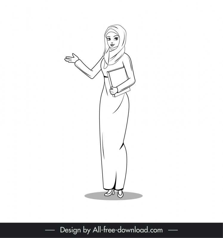 アラビア語のイスラム教徒の女性のアイコン黒白の漫画のキャラクターの輪郭