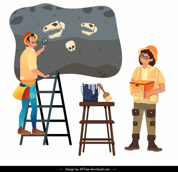 o trabalho do arqueólogo ícones explorador esboço de desenhos animados fóssil do dinossauro