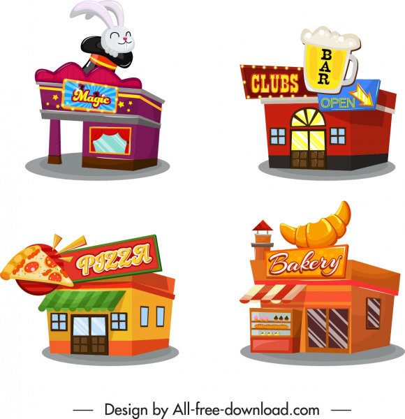 iconos de la arquitectura 3d restaurante bar circo panadería boceto