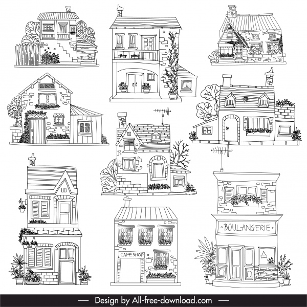 Architekturvorlagen schwarz weiß Lineart Skizze