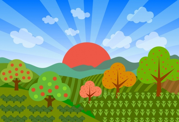 scenario di campo Argricultural sfondo colorato disegno sole ornamento