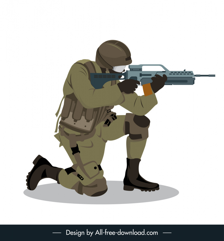 Ikon prajurit tentara menembak gerakan sketsa kartun datar