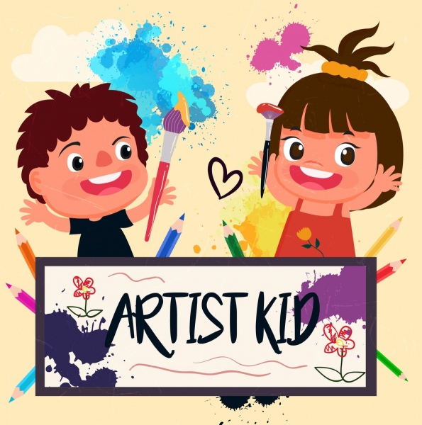 Künstler Hintergrund fröhliche Kinder Symbole Grunge farbenfrohes design