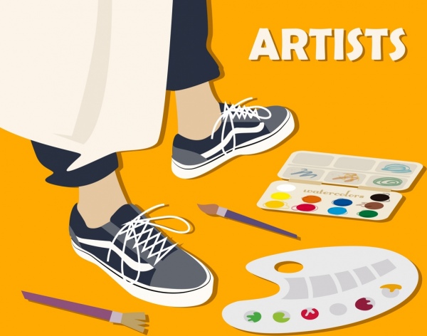 seniman bekerja latar belakang sikat kaki manusia cat ikon