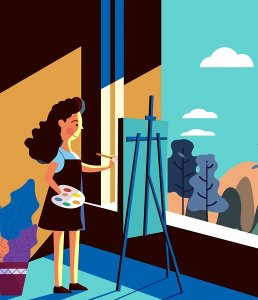 nghệ thuật vẽ phụ nữ easel biểu tượng màu thiết kế phim hoạt hình