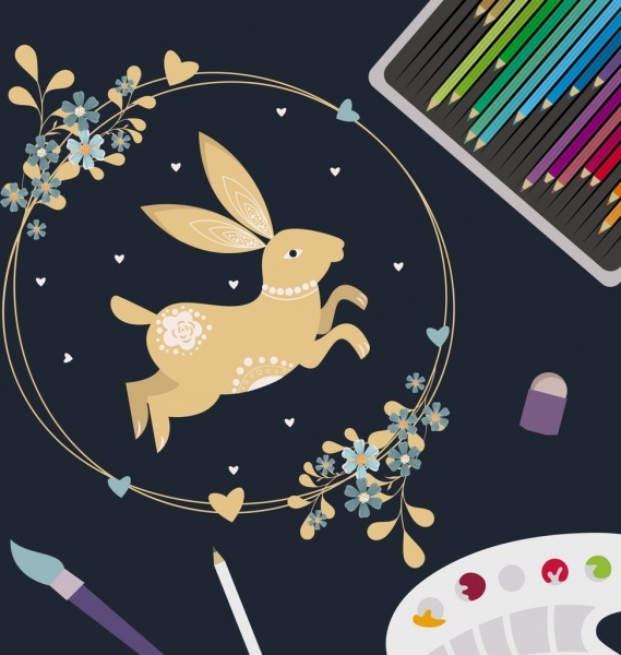 kompozycji tła królik kwiat wieniec ołówki ikony