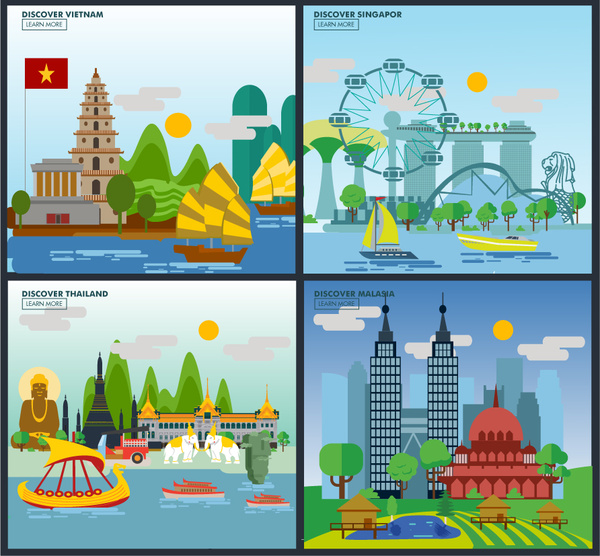 مفهوم التصميم السفر في آسيا مع التوضيح المناظر الطبيعية الملونة