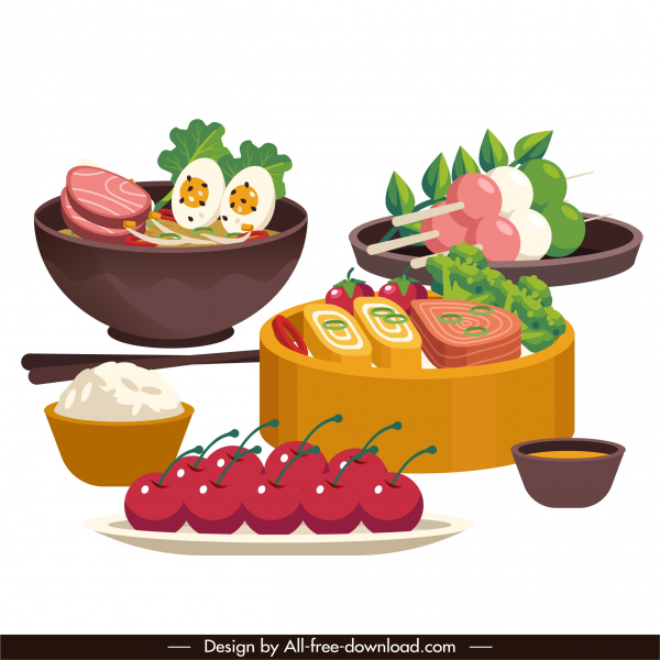 latar belakang makanan Asia berwarna-warni sketsa 3d