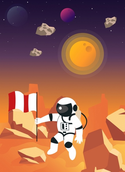 astrologie fond astronaute drapeau planètes icônes cartoon design