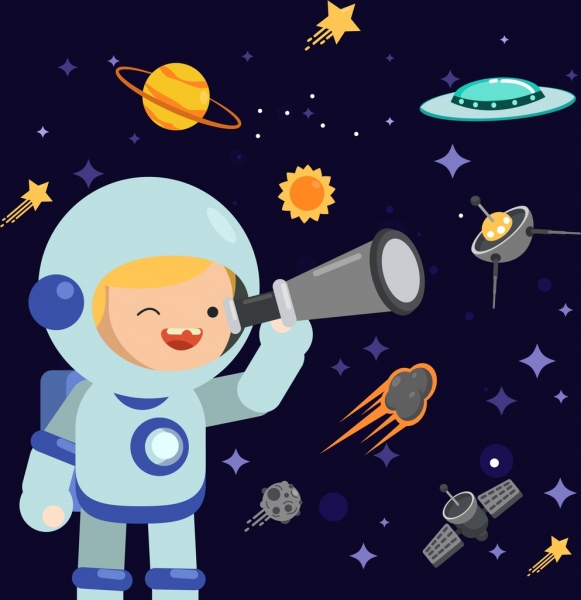 점성술 배경 소년 우주 비행사 의상 우주선 아이콘