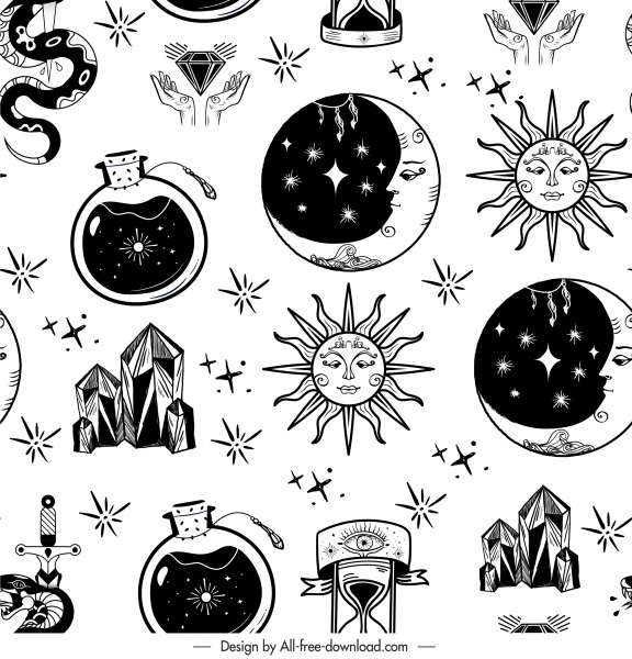 modelo padrão de astrologia preto branco repetindo símbolos esboço