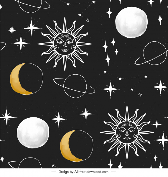 template pola astrologi yang mengulangi planet membuat sketsa digambar tangan gelap