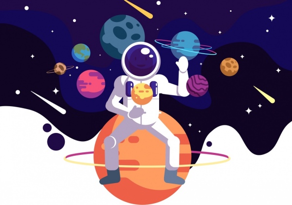 Астрономия фон космонавта планеты иконы мультфильм дизайн