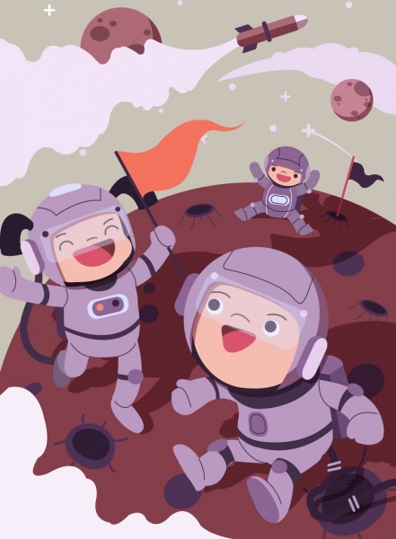 personnages de dessin animé icônes du astronaus enfants joyeux du contexte d’astronomie