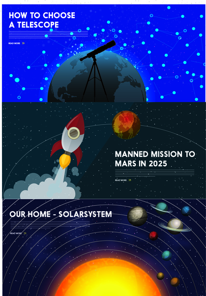 astronomi banner dengan design pesawat ruang angkasa dan planet-planet