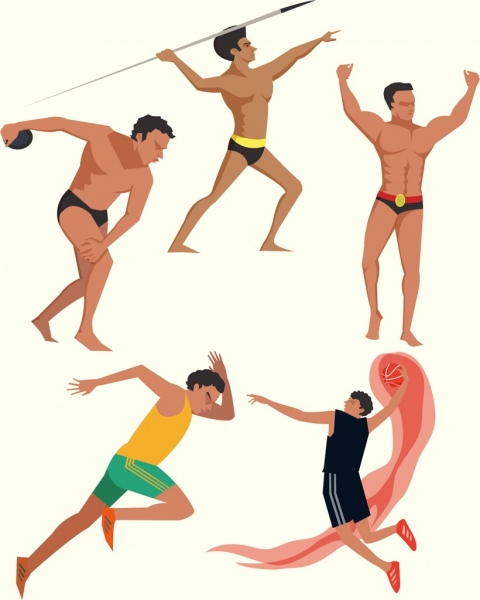 运动员图标集合彩色卡通设计各种手势