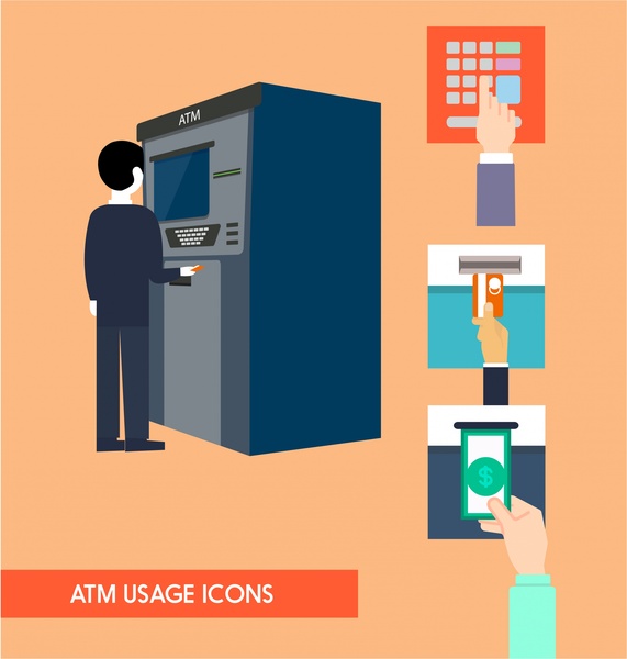 ilustração de ícones de uso de ATM com etapas de retirada de dinheiro