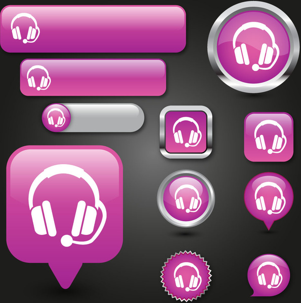 аудио кнопки векторные иллюстрации с розовым фоном