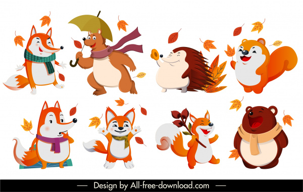 가을 동물 아이콘 양식에 일치시키는 만화 캐릭터 스케치