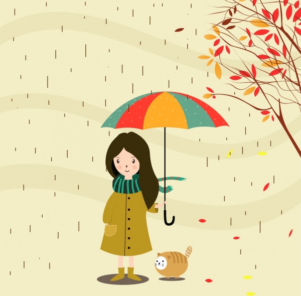 musim gugur latar belakang kartun cara gadis kecil di bawah hujan