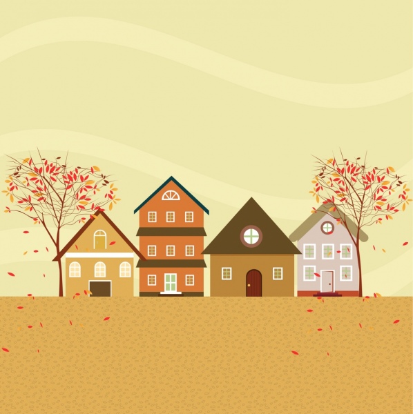 秋天的背景的色彩繽紛的房子，落樹葉裝飾