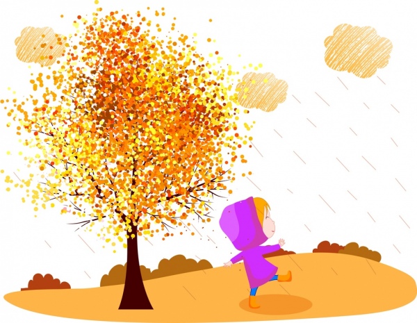 秋色背景繽紛樹頑皮小子卡通設計