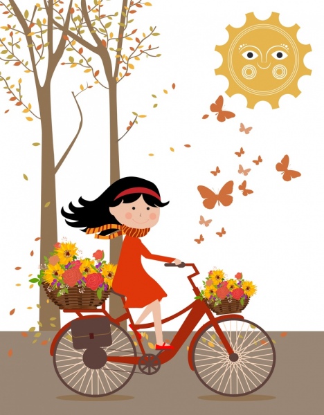 musim gugur latar belakang gadis lucu naik sepeda berwarna kartun