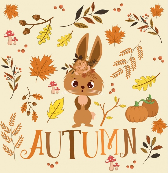 daun musim gugur latar belakang kelinci lucu ikon ornamen
