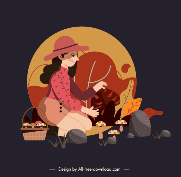 秋季背景女孩蘑菇素描卡通設計