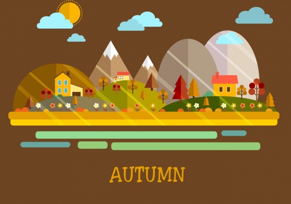 musim gugur latar belakang rumah pohon awan ikon desain warna-warni