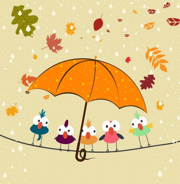 Autumn background aves percheras hojas caídas paraguas iconos
