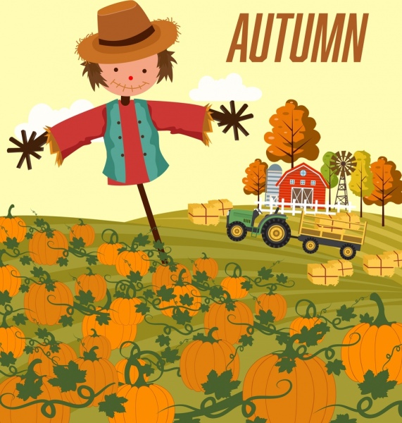 Осенний фон тыквы ферме Макетные иконы мультфильм дизайн
