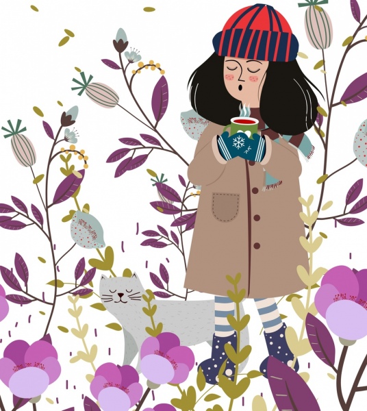 осень фон расслабленная девушка пальто цветы иконки декор