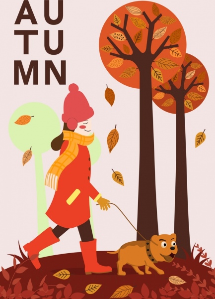 秋季背景漫步女子寵物樹卡通設計