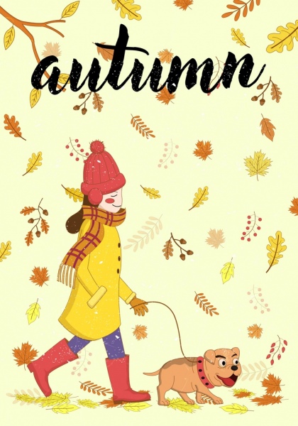 秋天的落葉背景背景的女人的寵物圖標