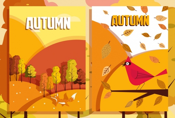 ícones de animais de folha de árvore do fundos amarelo projeto outono