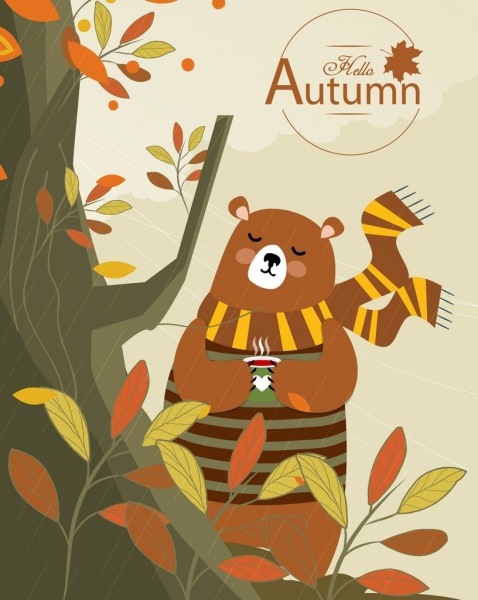 秋のバナーかわいい様式化されたクマのアイコン漫画のキャラクター