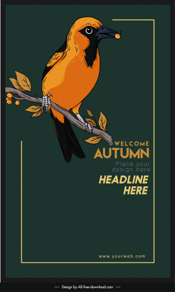 sonbahar afiş şablonu tünemiş kuş kroki koyu retro