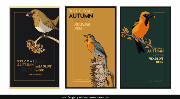 plantillas de banner de otoño oscura decoración de aves dibujadas a mano retro