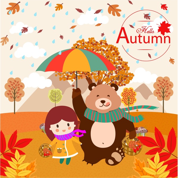 latar belakang perayaan musim gugur dengan desain gadis dan beruang