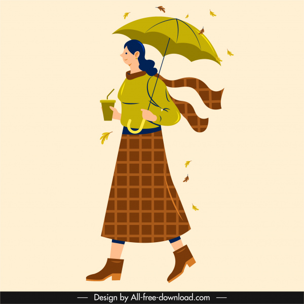 icono de traje de otoño lady windy umbrella sketch