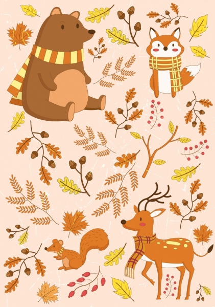 أوراق الخريف الحيوانات تصميم العناصر الرموز الملونة الكرتون كارتون