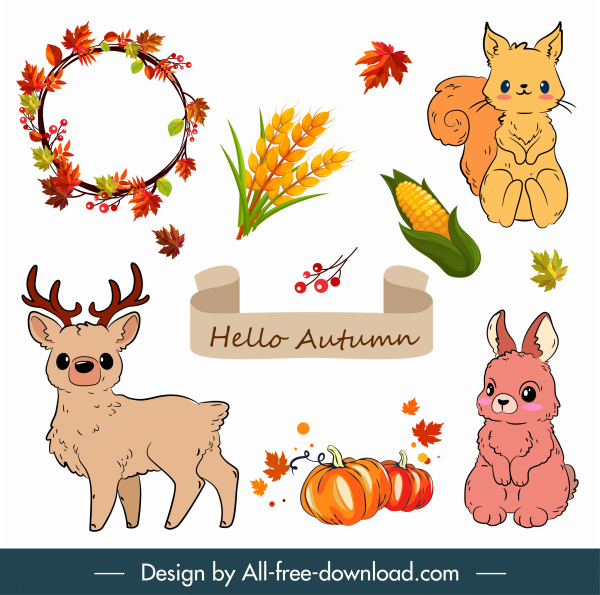 Desain musim gugur elemen hewan tanaman sketsa desain klasik